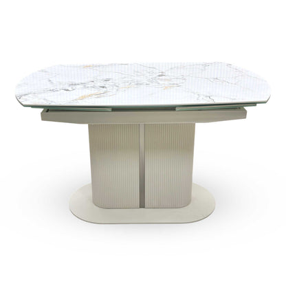 'Avorio' Marble-Effect Ceramic Top Swivel Extending Dining Table with Neutral Faux Leather Set of 4 Swivel Dining Chairs