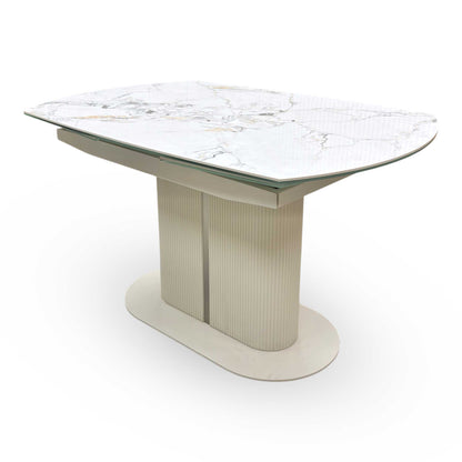 'Avorio' Marble-Effect Ceramic Top Swivel Extending Dining Table with Neutral Faux Leather Set of 4 Swivel Dining Chairs