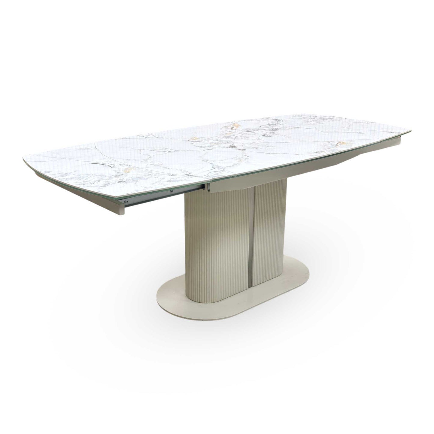 'Avorio' Marble-Effect Ceramic Top Swivel Extending Dining Table with Neutral Faux Leather Set of 4 Swivel Dining Chairs