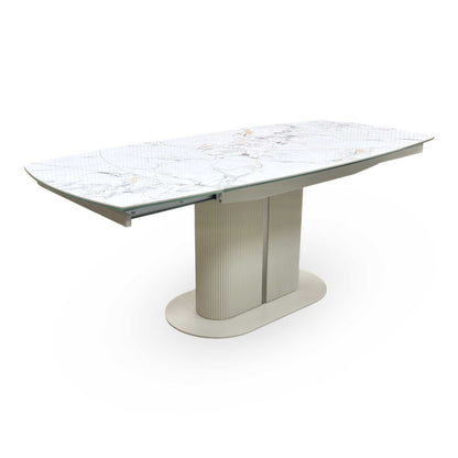 'Avorio' Marble-Effect Ceramic Top Swivel Extending Dining Table with Neutral Faux Leather Set of 4 Swivel Dining Chairs