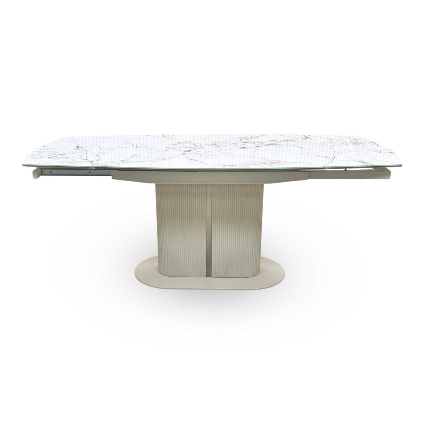 'Avorio' Marble-Effect Ceramic Top Swivel Extending Dining Table with Neutral Faux Leather Set of 4 Swivel Dining Chairs