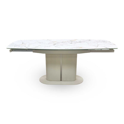 'Avorio' Marble-Effect Ceramic Top Swivel Extending Dining Table with Neutral Faux Leather Set of 4 Swivel Dining Chairs