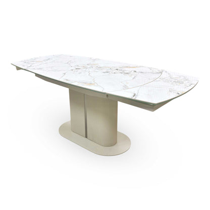 'Avorio' Marble-Effect Ceramic Top Swivel Extending Dining Table with Neutral Faux Leather Set of 4 Swivel Dining Chairs