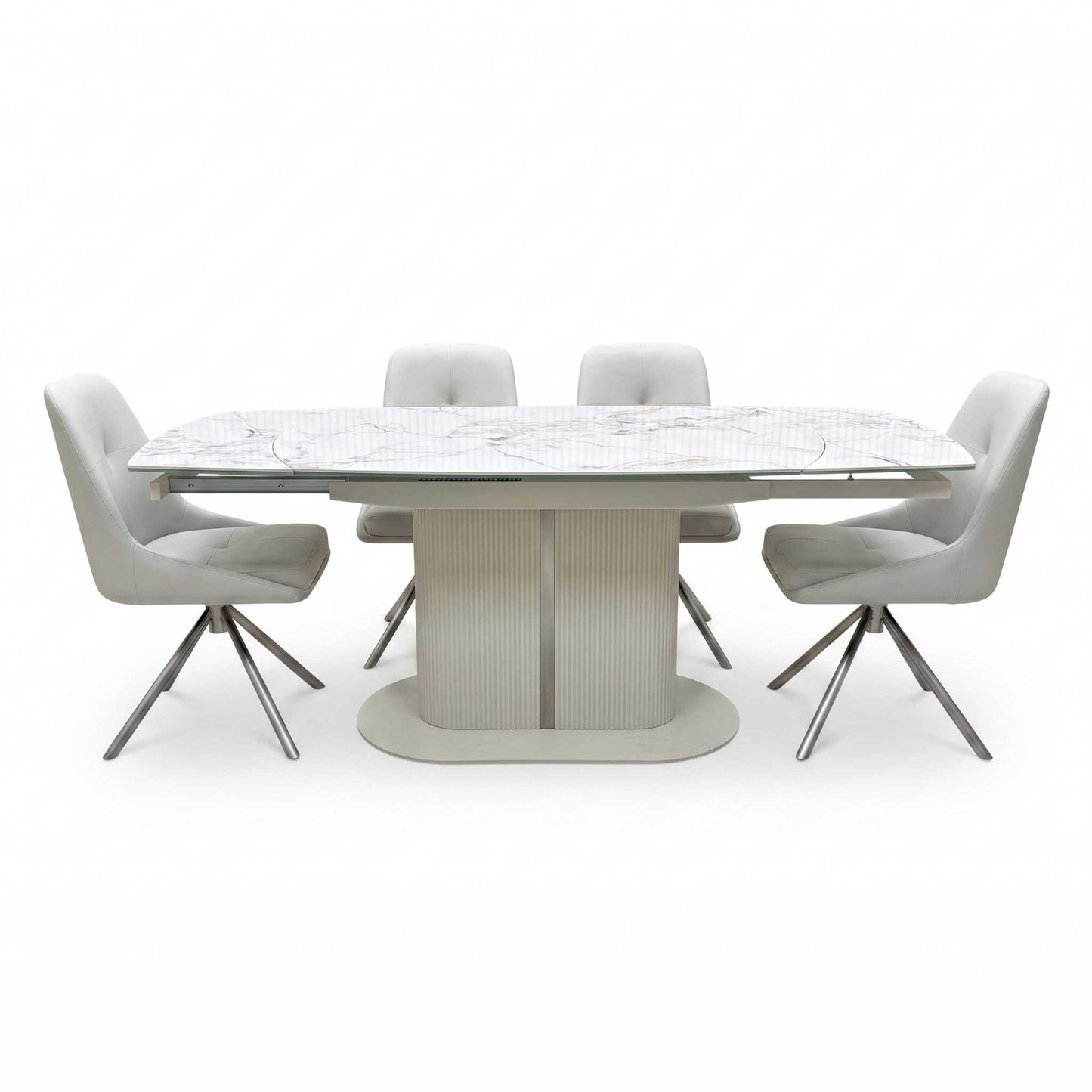 'Avorio' Marble-Effect Ceramic Top Swivel Extending Dining Table with Neutral Faux Leather Set of 4 Swivel Dining Chairs