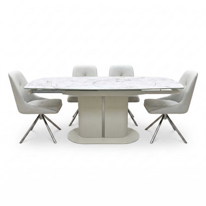 'Avorio' Marble-Effect Ceramic Top Swivel Extending Dining Table with Neutral Faux Leather Set of 4 Swivel Dining Chairs