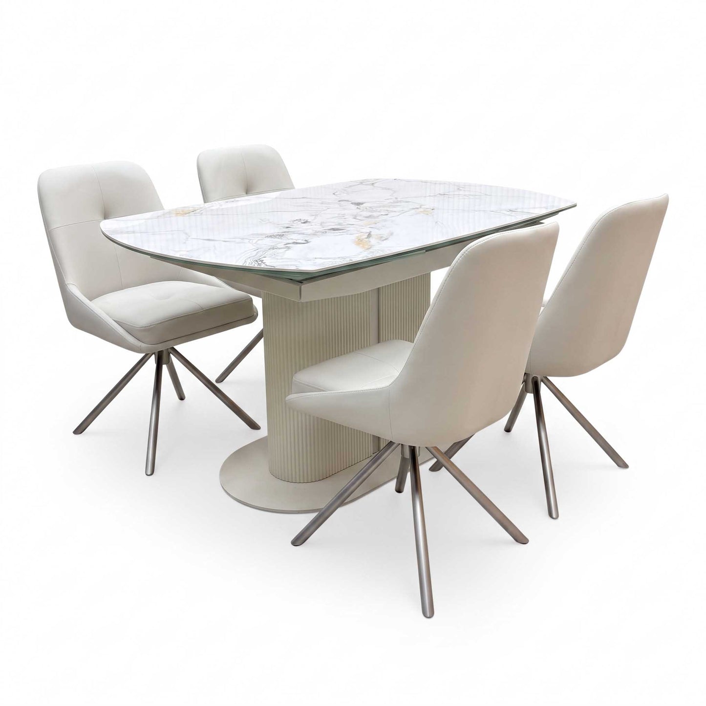 'Avorio' Marble-Effect Ceramic Top Swivel Extending Dining Table with Neutral Faux Leather Set of 4 Swivel Dining Chairs