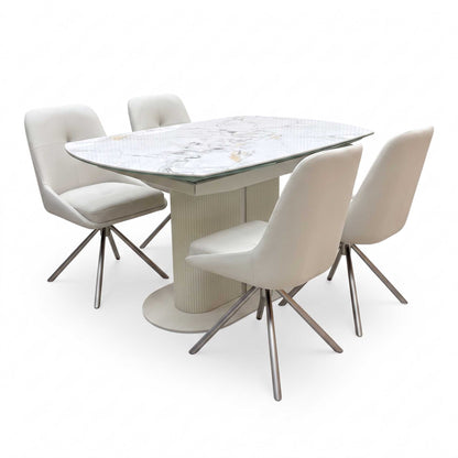 'Avorio' Marble-Effect Ceramic Top Swivel Extending Dining Table with Neutral Faux Leather Set of 4 Swivel Dining Chairs