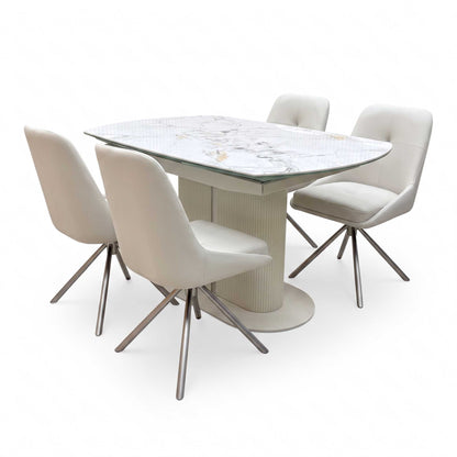 'Avorio' Marble-Effect Ceramic Top Swivel Extending Dining Table with Neutral Faux Leather Set of 4 Swivel Dining Chairs