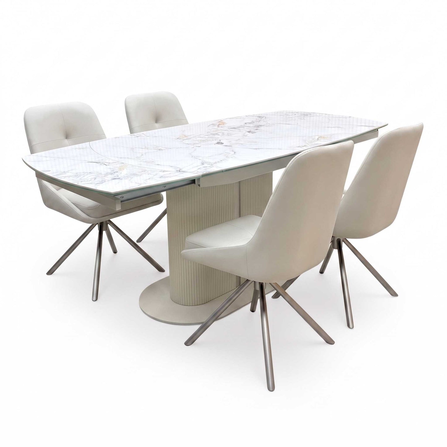 'Avorio' Marble-Effect Ceramic Top Swivel Extending Dining Table with Neutral Faux Leather Set of 4 Swivel Dining Chairs