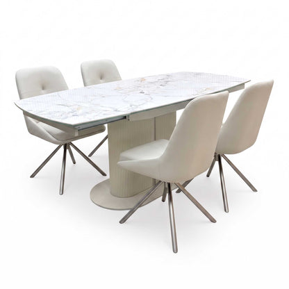 'Avorio' Marble-Effect Ceramic Top Swivel Extending Dining Table with Neutral Faux Leather Set of 4 Swivel Dining Chairs