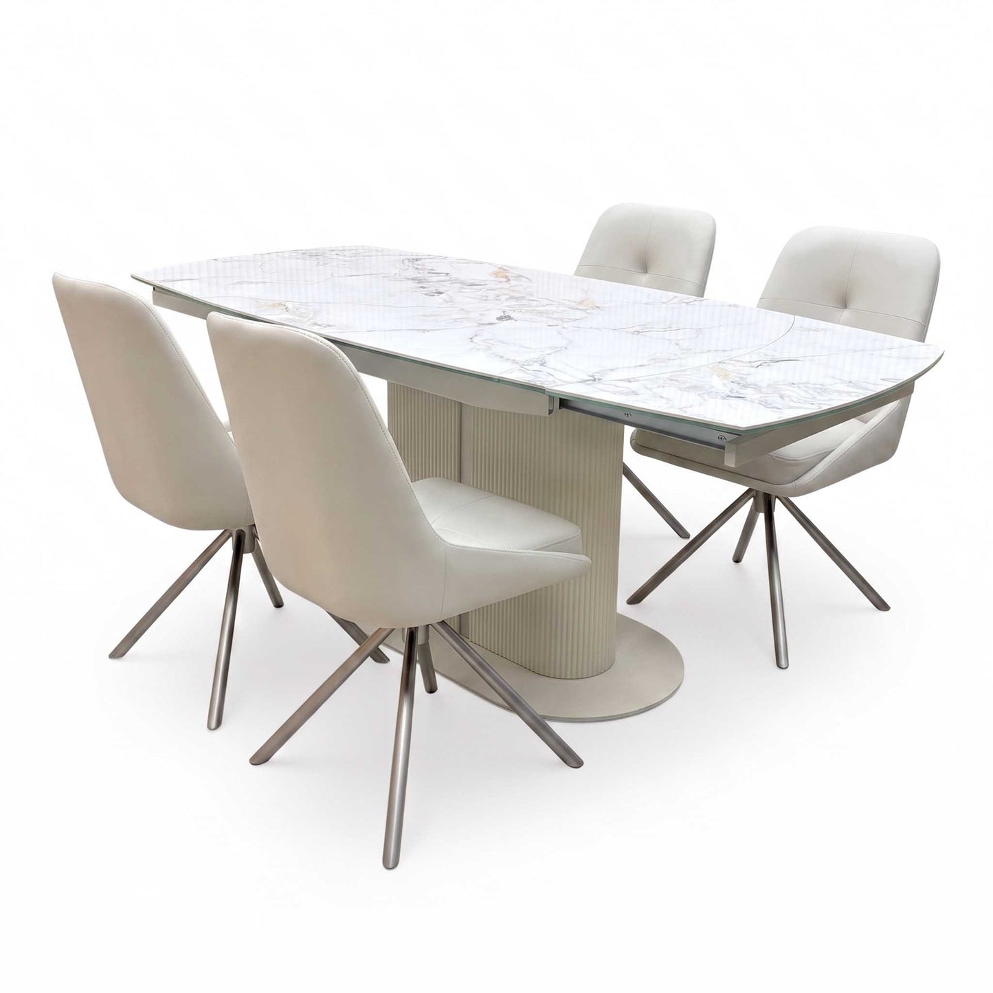 'Avorio' Marble-Effect Ceramic Top Swivel Extending Dining Table with Neutral Faux Leather Set of 4 Swivel Dining Chairs