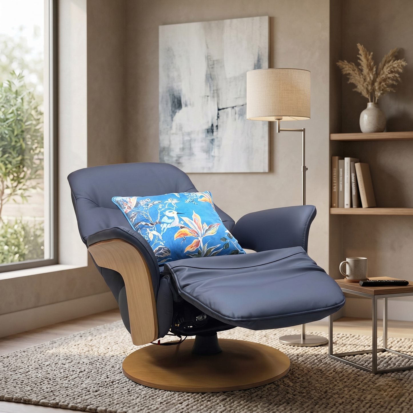 ‘Olaf’ Navy Blue Leather Power Recliner Swivel Chair