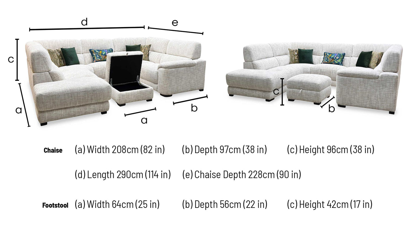 Technical dimensions blueprint and living room space planning layout schematic for the ‘Nova’ Fab MGA R04 Beige Fabric Left Hand Facing Chaise End Sofa with Storage Footstool.