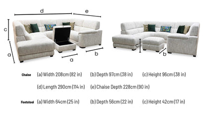 Technical dimensions blueprint and living room space planning layout schematic for the ‘Nova’ Fab MGA R04 Beige Fabric Left Hand Facing Chaise End Sofa with Storage Footstool.