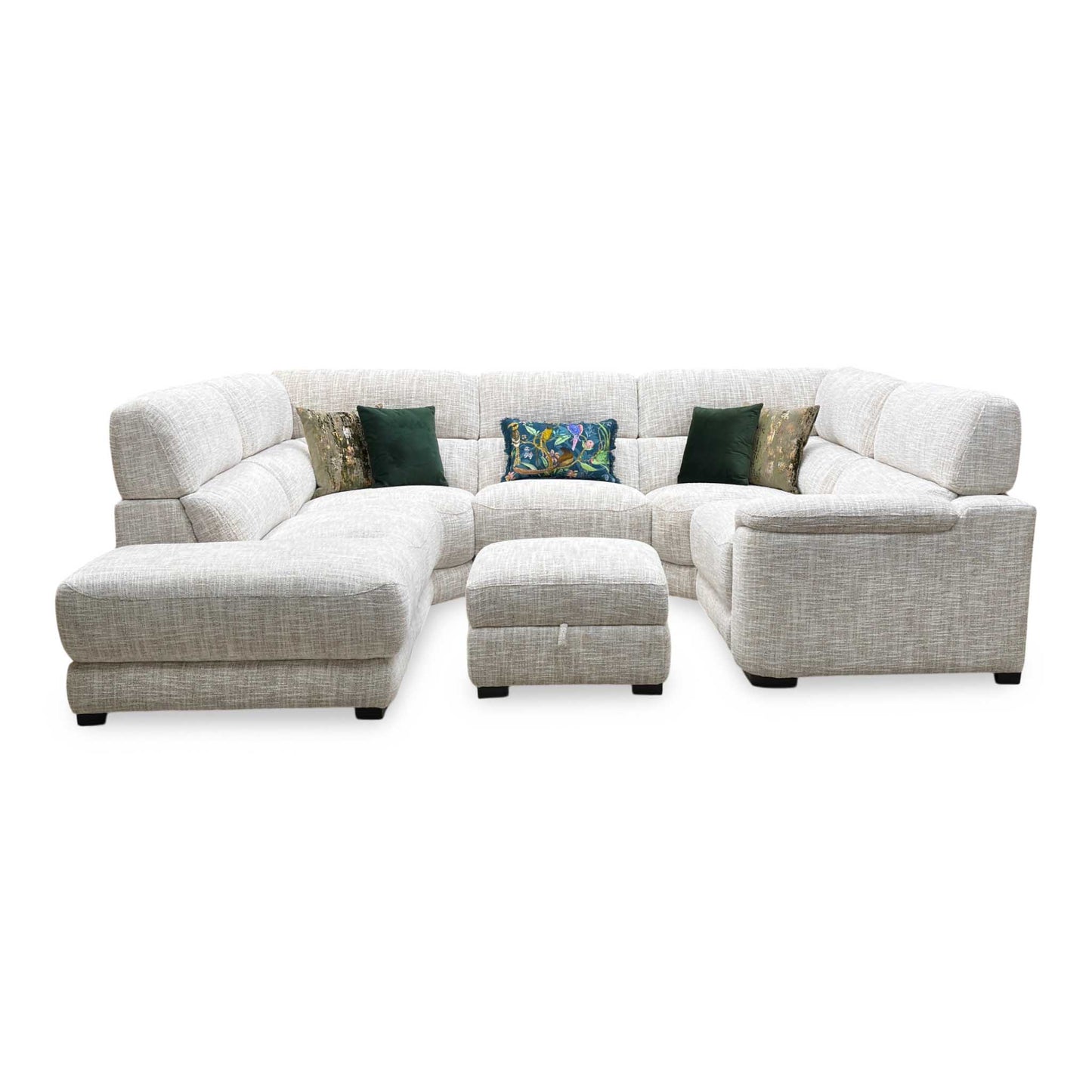 Full View ‘Nova’ contemporary left-hand facing chaise end corner sofa, beautifully upholstered in a durable Fab MGA R04 Beige fabric and paired with a matching storage footstool.