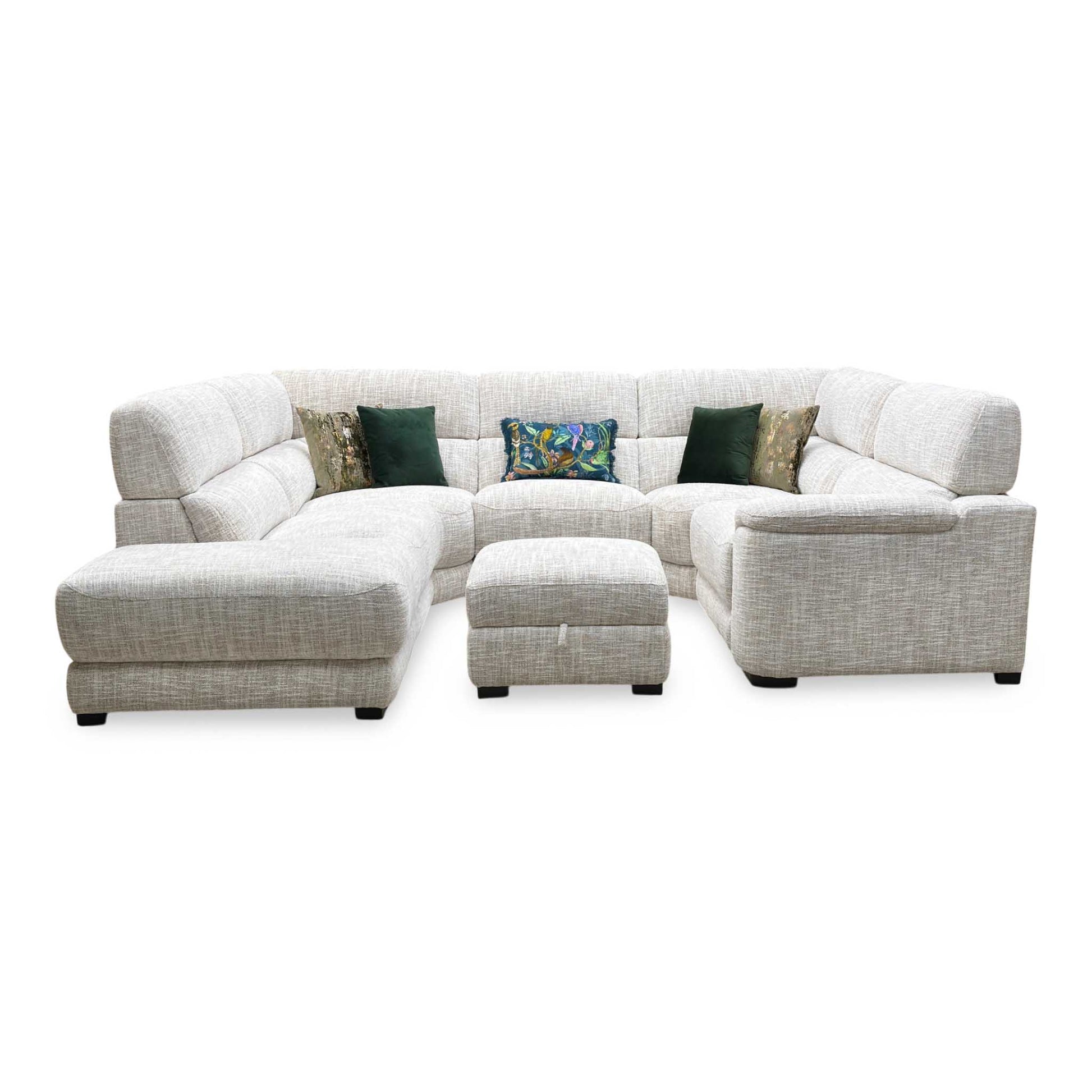 Full View ‘Nova’ contemporary left-hand facing chaise end corner sofa, beautifully upholstered in a durable Fab MGA R04 Beige fabric and paired with a matching storage footstool.