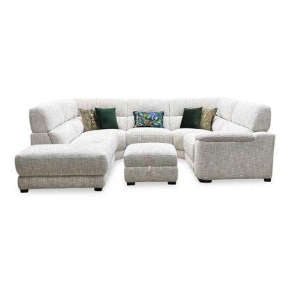 Full View ‘Nova’ contemporary left-hand facing chaise end corner sofa, beautifully upholstered in a durable Fab MGA R04 Beige fabric and paired with a matching storage footstool.