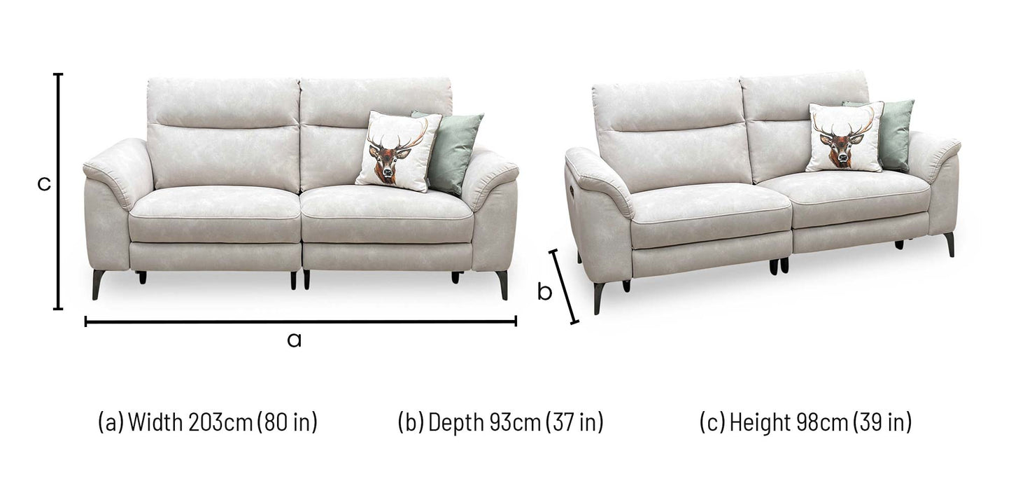 Technical dimensions blueprint and living room space planning layout schematic for the ‘Morgan’ Dexter Ivory 43501 Fabric 3-Seater Power Recliner Sofa.