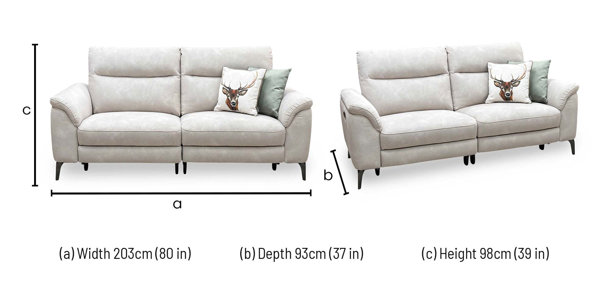 Technical dimensions blueprint and living room space planning layout schematic for the ‘Morgan’ Dexter Ivory 43501 Fabric 3-Seater Power Recliner Sofa.
