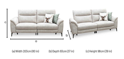 Technical dimensions blueprint and living room space planning layout schematic for the ‘Morgan’ Dexter Ivory 43501 Fabric 3-Seater Power Recliner Sofa.
