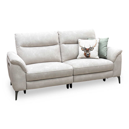 Side perspective profile view of the sofa frame, demonstrating the wall-hugger power recline clearance angles, deep armrest tailoring, and integrated side control panel.