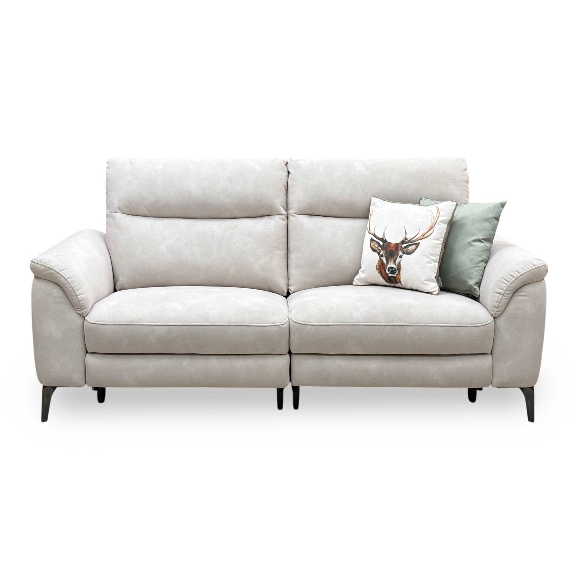 Front-facing view of the Dexter Ivory fabric 3-seater sofa in its standard upright position, highlighting the generous three-cushion seat layout, padded backrests, and modern symmetry.