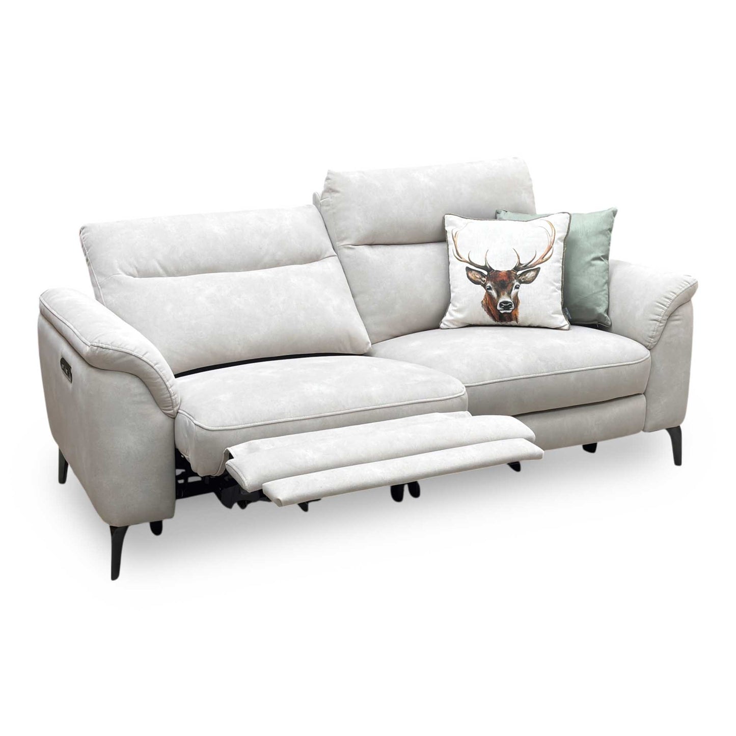 Full View ‘Morgan’ contemporary 3-seater power recliner sofa, beautifully upholstered in luxurious Dexter Ivory 43501 fabric with a clean, low-profile frame.