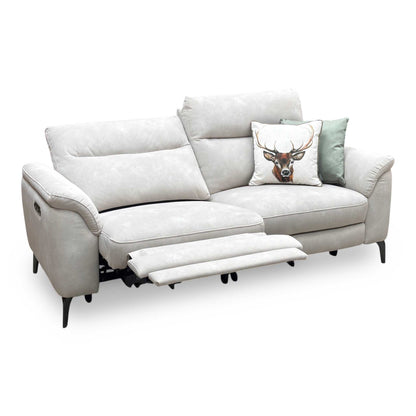 Full View ‘Morgan’ contemporary 3-seater power recliner sofa, beautifully upholstered in luxurious Dexter Ivory 43501 fabric with a clean, low-profile frame.