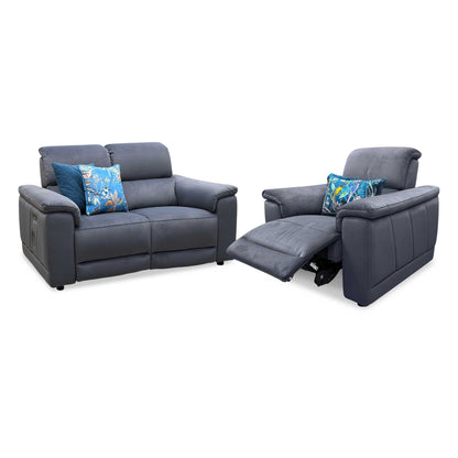 ‘Genius’ Bella Iron Grey 43460 Velvet 2 Seater Power Recliner + Chair with Power Headrests, Power Lumbar and Bluetooth Speakers Sofa Set Furniture Village