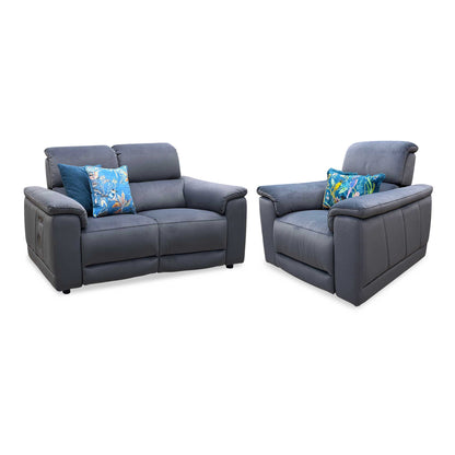 ‘Genius’ Bella Iron Grey 43460 Velvet 2 Seater Power Recliner + Chair with Power Headrests, Power Lumbar and Bluetooth Speakers Sofa Set Furniture Village
