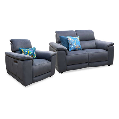 ‘Genius’ Bella Iron Grey 43460 Velvet 2 Seater Power Recliner + Chair with Power Headrests, Power Lumbar and Bluetooth Speakers Sofa Set Furniture Village