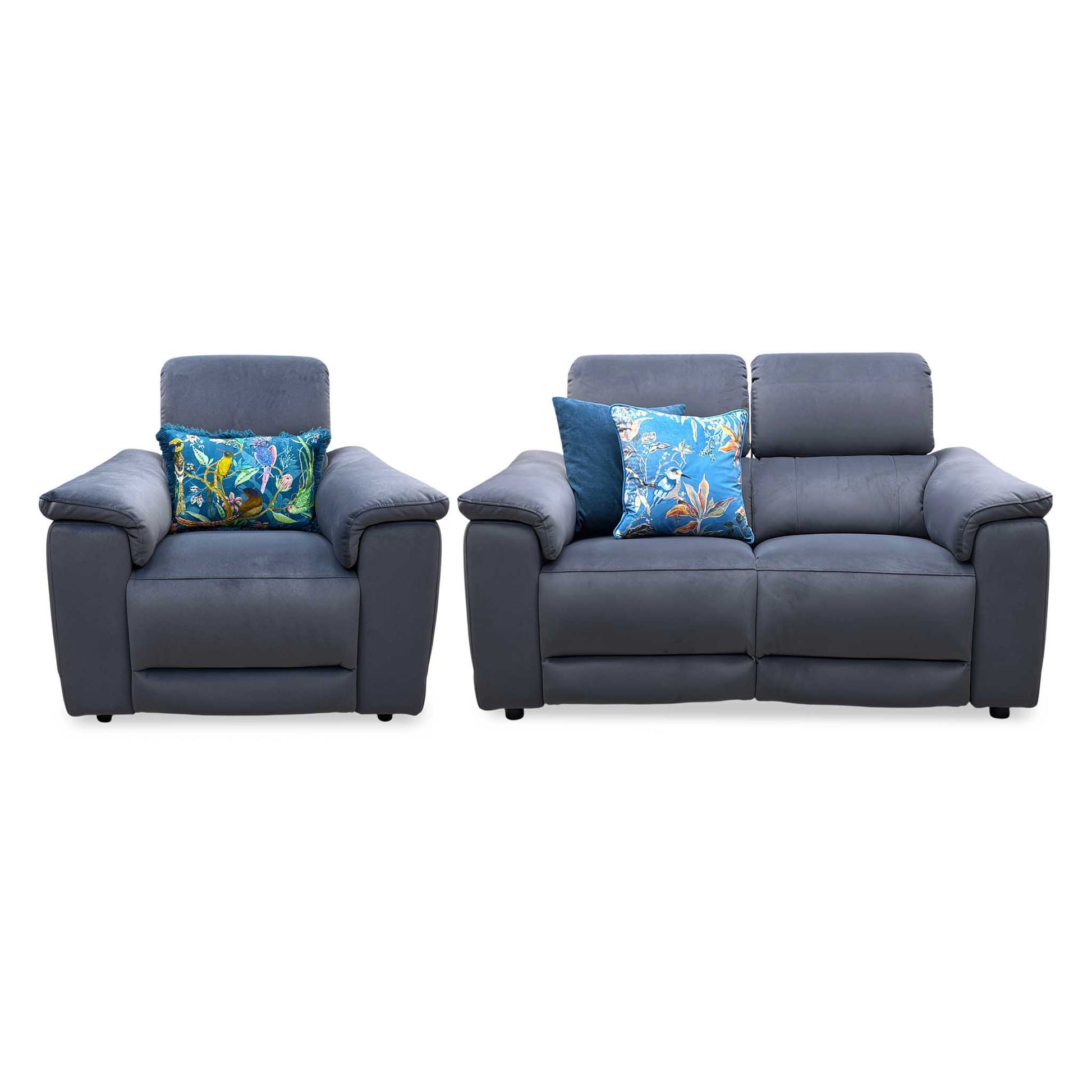 ‘Genius’ Bella Iron Grey 43460 Velvet 2 Seater Power Recliner + Chair with Power Headrests, Power Lumbar and Bluetooth Speakers Sofa Set Furniture Village