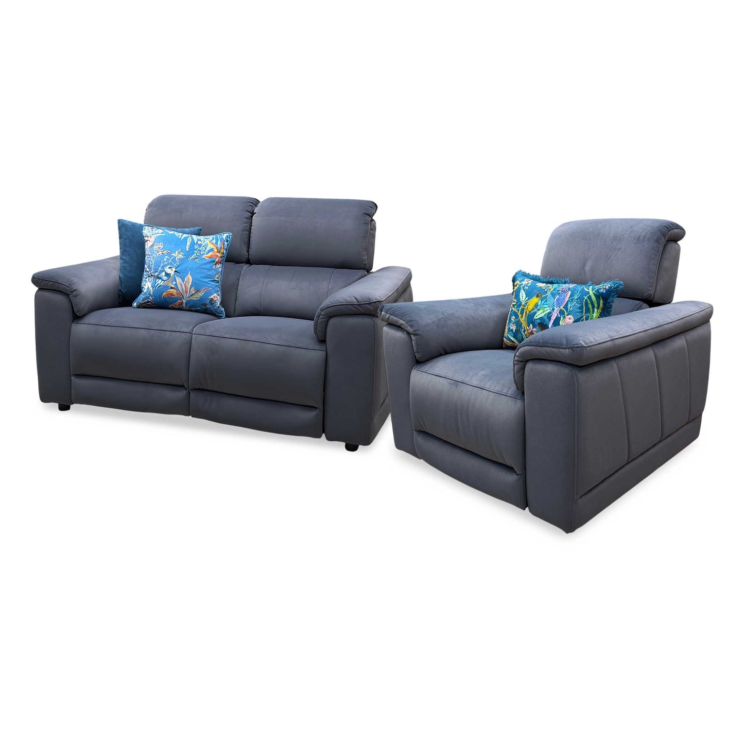 ‘Genius’ Bella Iron Grey 43460 Velvet 2 Seater Power Recliner + Chair with Power Headrests, Power Lumbar and Bluetooth Speakers Sofa Set Furniture Village