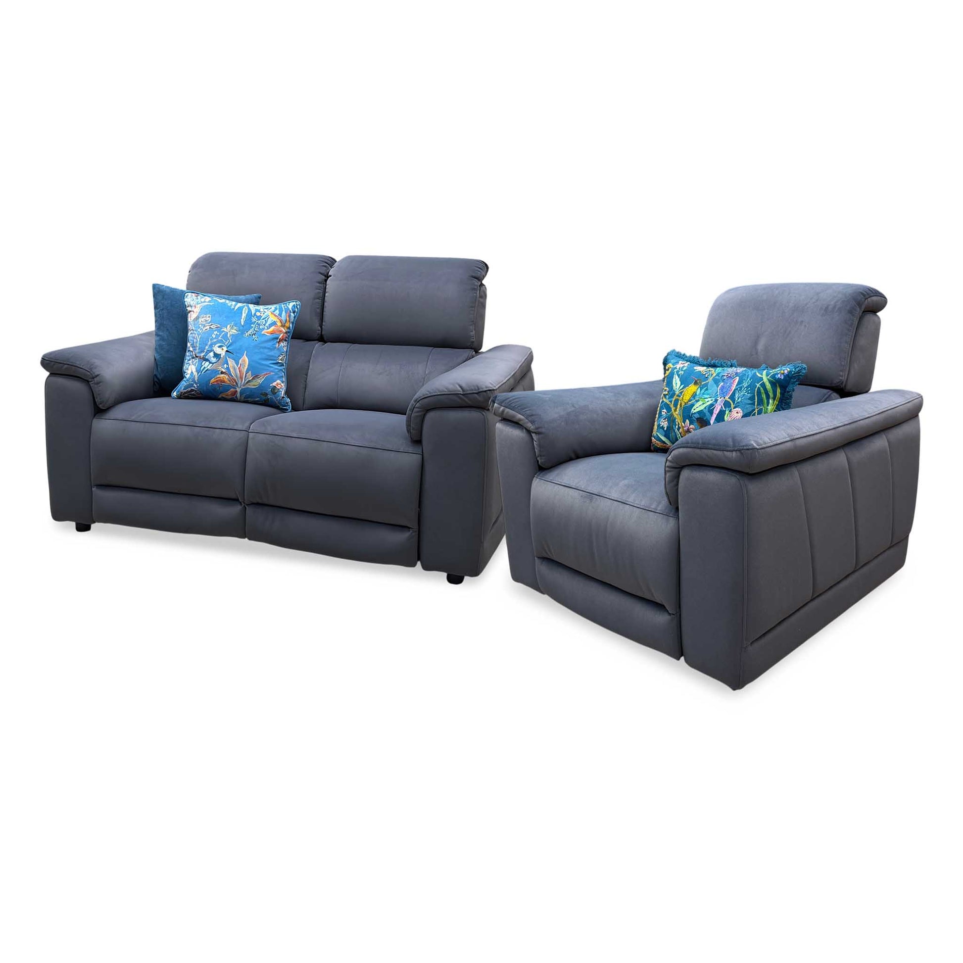 ‘Genius’ Bella Iron Grey 43460 Velvet 2 Seater Power Recliner + Chair with Power Headrests, Power Lumbar and Bluetooth Speakers Sofa Set Furniture Village