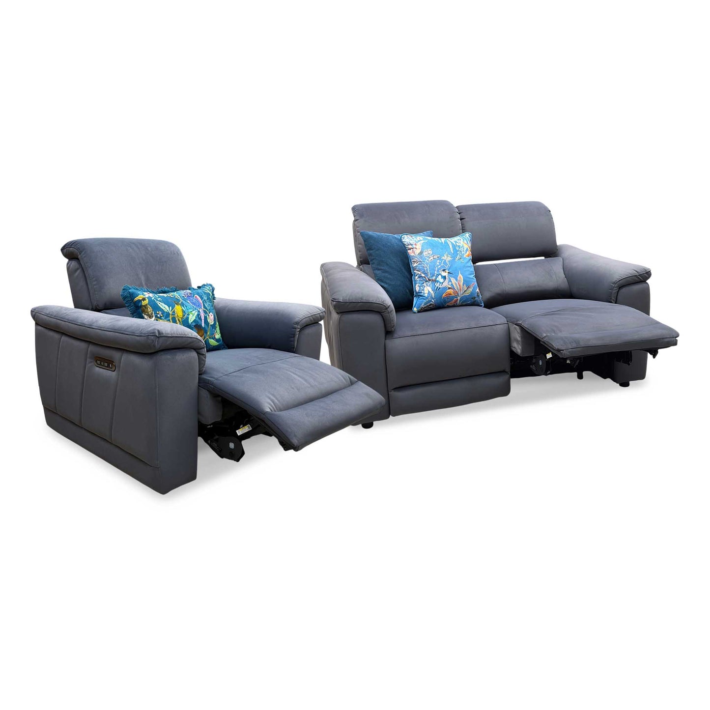 ‘Genius’ Bella Iron Grey 43460 Velvet 2 Seater Power Recliner + Chair with Power Headrests, Power Lumbar and Bluetooth Speakers Sofa Set Furniture Village