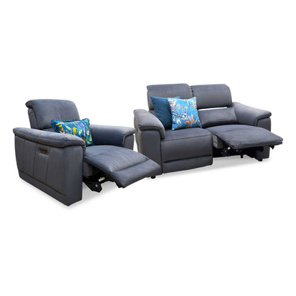 ‘Genius’ Bella Iron Grey 43460 Velvet 2 Seater Power Recliner + Chair with Power Headrests, Power Lumbar and Bluetooth Speakers Sofa Set Furniture Village