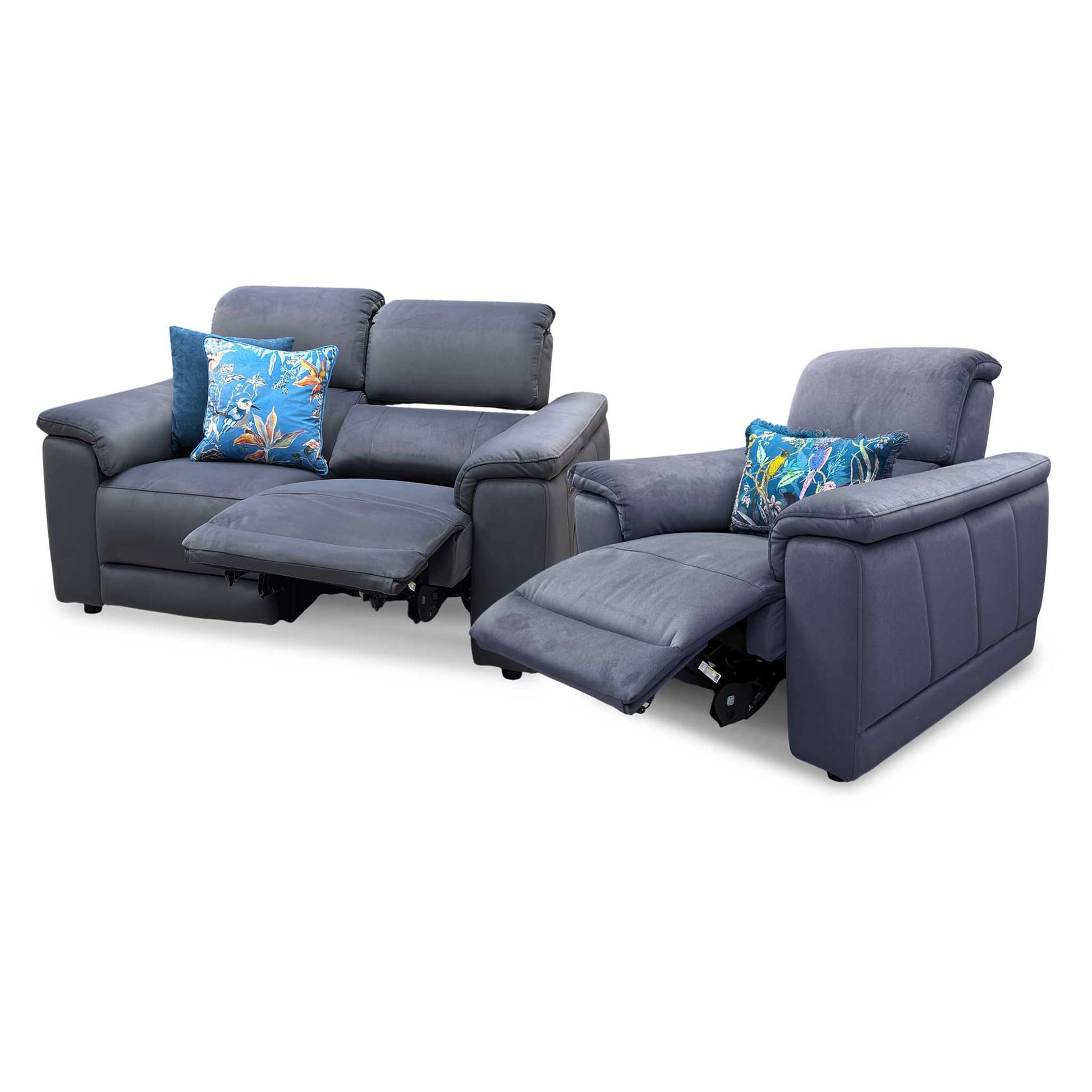 ‘Genius’ Bella Iron Grey 43460 Velvet 2 Seater Power Recliner + Chair with Power Headrests, Power Lumbar and Bluetooth Speakers Sofa Set Furniture Village