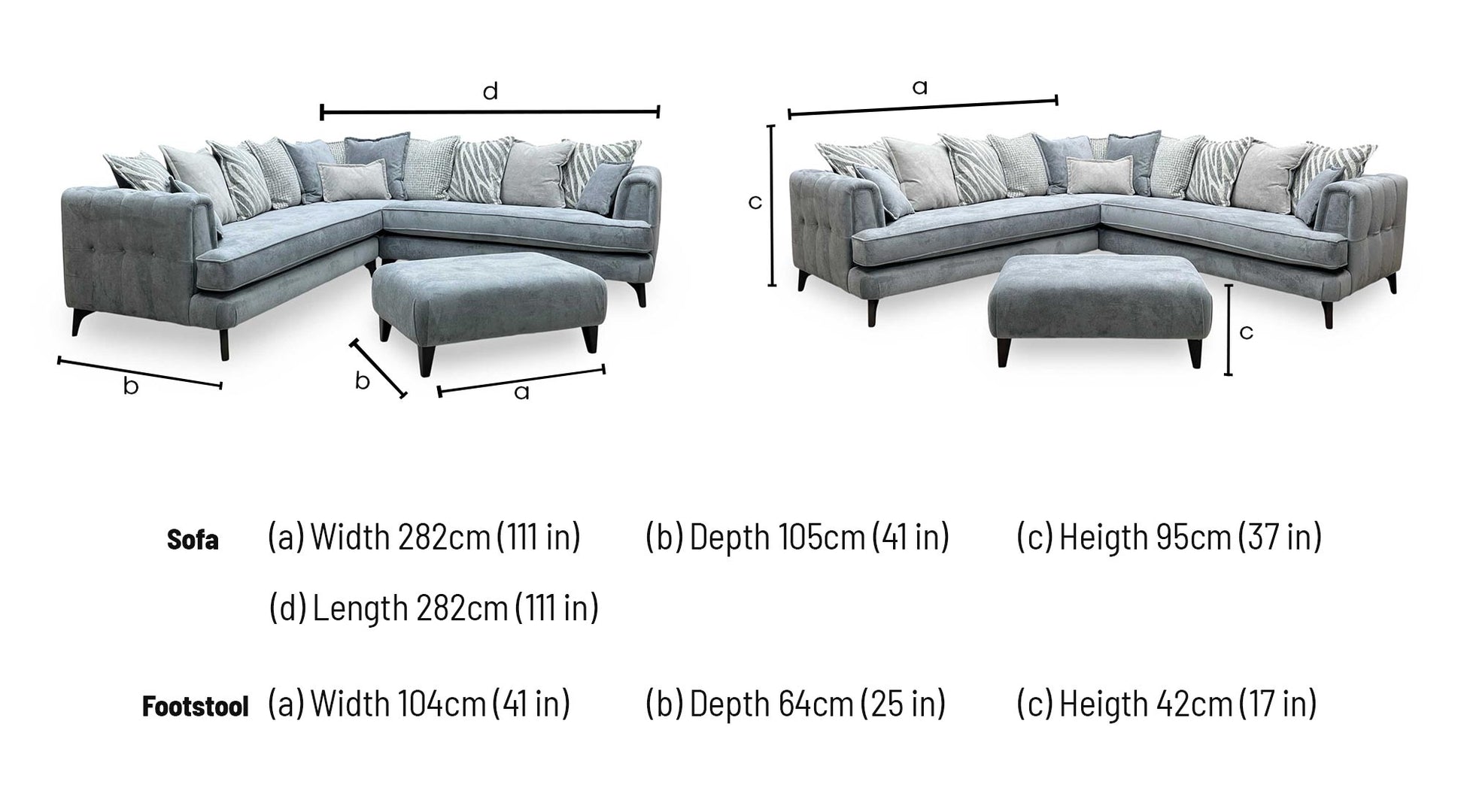 Technical dimensions blueprint and living room space planning layout schematic for the ‘Farrah’ Riga Grey / Zena Silver Fabric Large Scatter Back Corner Sofa with Matching Footstool.
