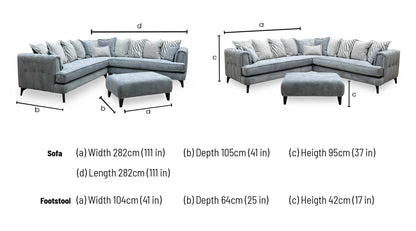 Technical dimensions blueprint and living room space planning layout schematic for the ‘Farrah’ Riga Grey / Zena Silver Fabric Large Scatter Back Corner Sofa with Matching Footstool.