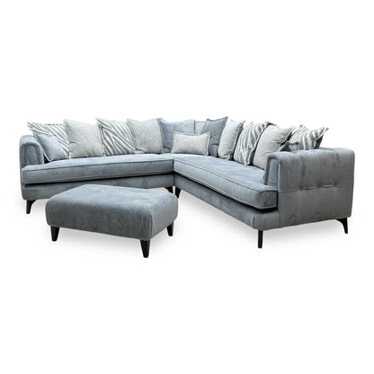 Full View ‘Farrah’ contemporary large corner sofa with a matching footstool, beautifully upholstered in a dual-fabric combination of Riga Grey and Zena Silver.