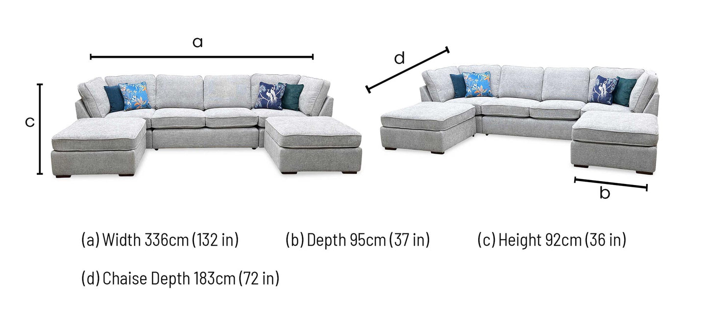 Technical dimensions blueprint and living room space planning footprint schematic for the ‘Emilia’ Silver Soft Hopsack Chenille Fabric Large U-Shaped Corner Sofa.