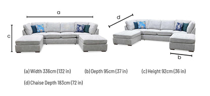 Technical dimensions blueprint and living room space planning footprint schematic for the ‘Emilia’ Silver Soft Hopsack Chenille Fabric Large U-Shaped Corner Sofa.