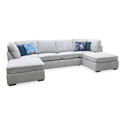 Full View ‘Emilia’ grand contemporary U-shaped corner sofa, beautifully upholstered in a luxurious, plush Silver soft hopsack chenille fabric.