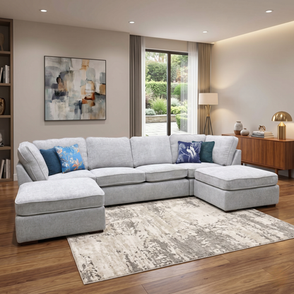 Styled large modern open-plan living room lifestyle layout featuring the Emilia silver chenille U-shaped corner sofa arranged as the ultimate luxurious family entertainment centerpiece.