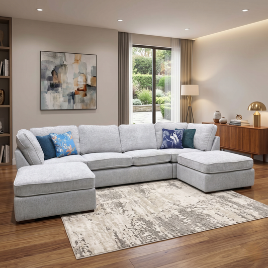 ‘Emilia’ Silver Soft Hopsack Chenille Fabric Large U-Shaped Corner Sofa