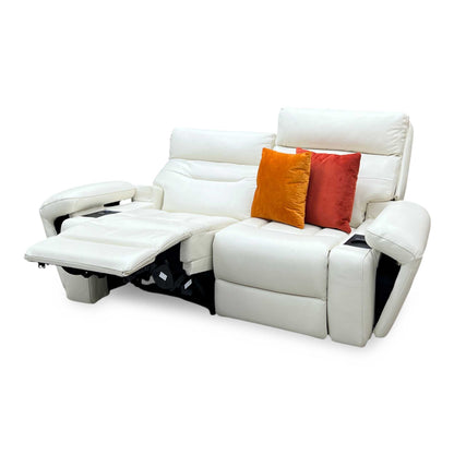 ‘Cinemax’ White Le-9307 Leather 2 Seater Media Arm Power Recliner Sofa with Power Headrests