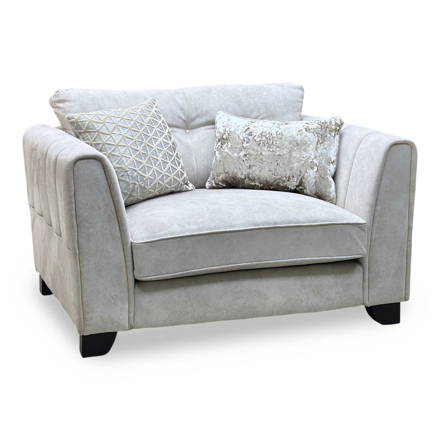 ‘Mariah’ Dapple Ivory-Tri Brass Insert Fabric Classic Back Snuggler Chairs - Set of 2