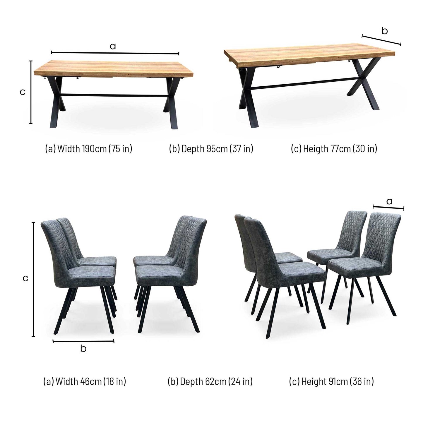 'Earth' Solid Oak 190cm X-Shaped Legs Dining Table with Graphite Grey Faux Leather Set of 4 Dining Chairs
