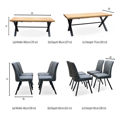 'Earth' Solid Oak 190cm X-Shaped Legs Dining Table with Graphite Grey Faux Leather Set of 4 Dining Chairs