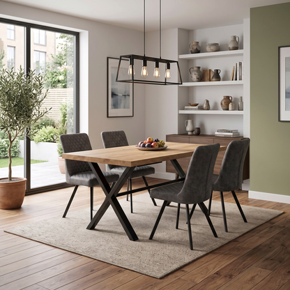 'Earth' Solid Oak 190cm X-Shaped Legs Dining Table with Graphite Grey Faux Leather Set of 4 Dining Chairs